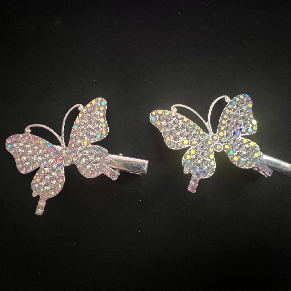 Vintage Lot (2) Pave AB Rhinestone Silver Tone Butterfly Clip Barrettes